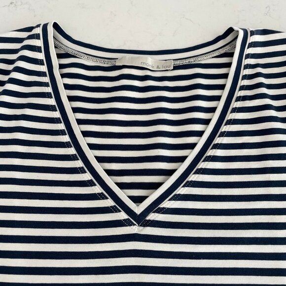 Monk & Lou SS V Neck Striped T Shirt Top Cotton Spandex Blue Wht Sz M/L - Picture 4 of 10
